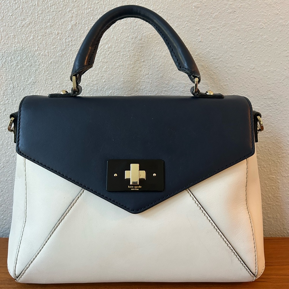 Kate Spade Coastal Blue/White Little Nadine Post Street Leather Satchel